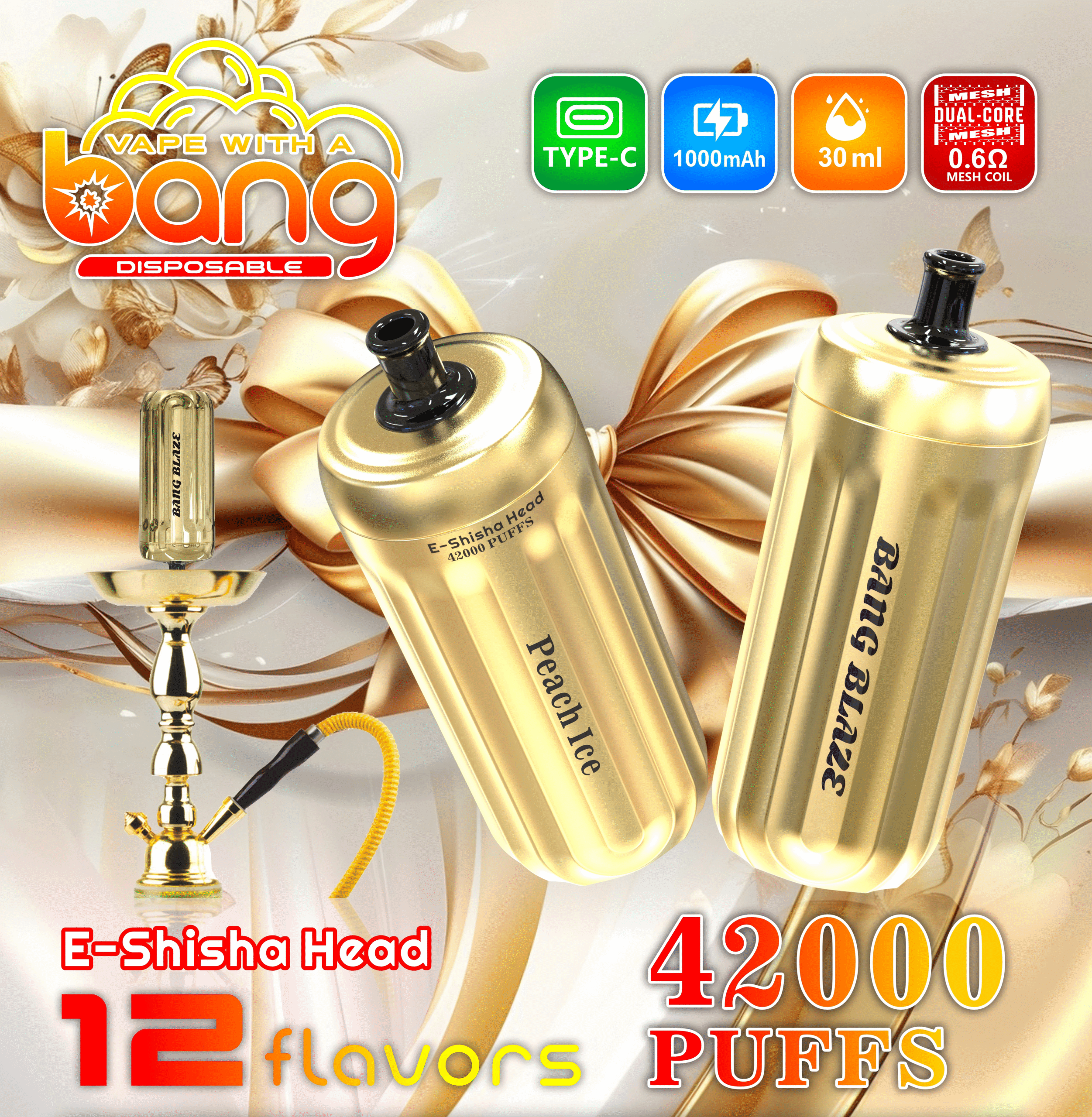 Bang E-Shisha Head 42000 Puffs Disposable Vape Gold