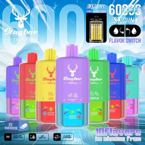 STAG BAR Triple 60K Puffs 3-in-1 3 Flavors LED Display